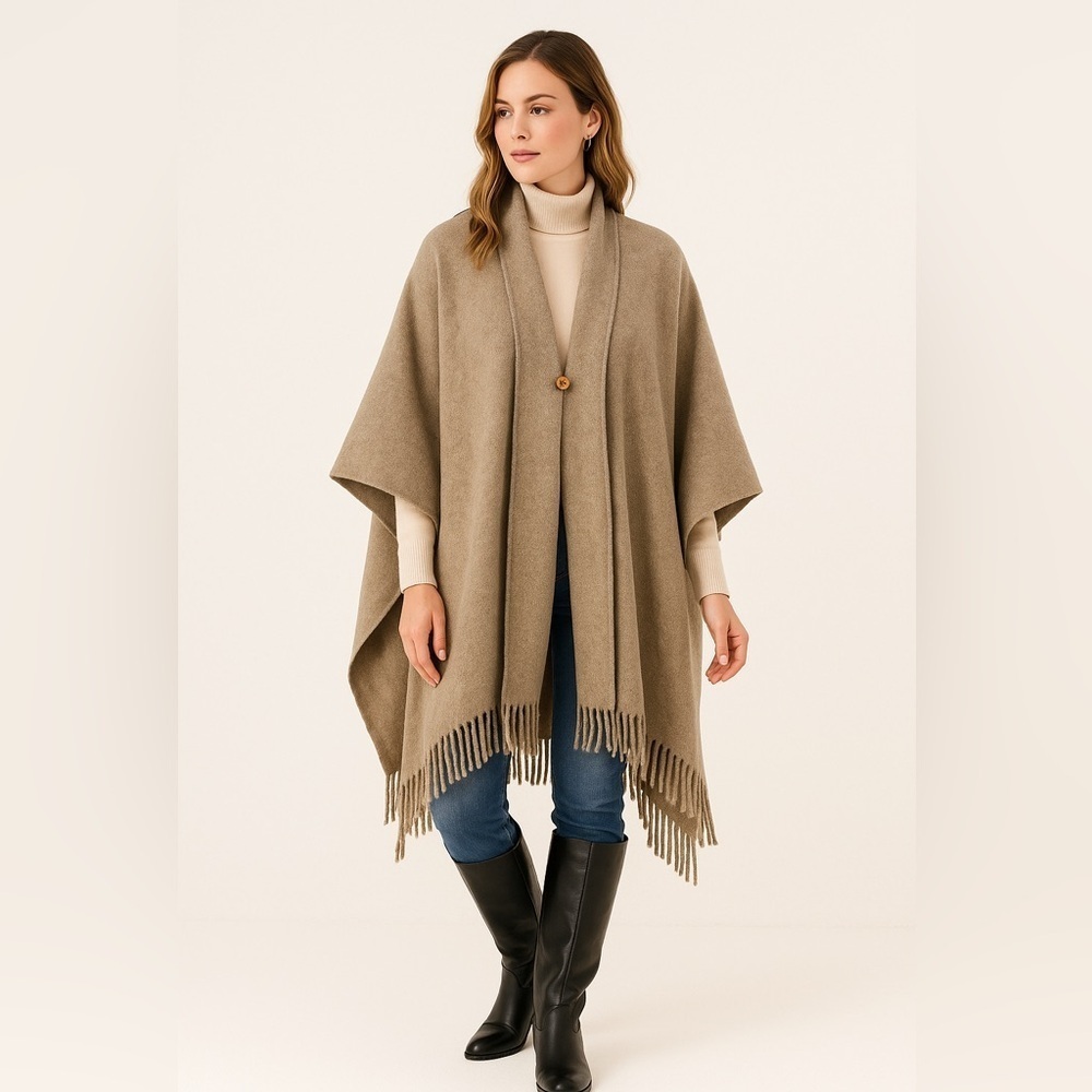 Wool Blend Taupe Fringe Shawl Wrap One Size Boho Minimalist Winter Cozy
